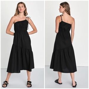 NWT LULUS Gorgeous Instinct Black Asymmetrical One-Shoulder Midi Dress
